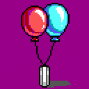 Two colored balloons attached to a small pole